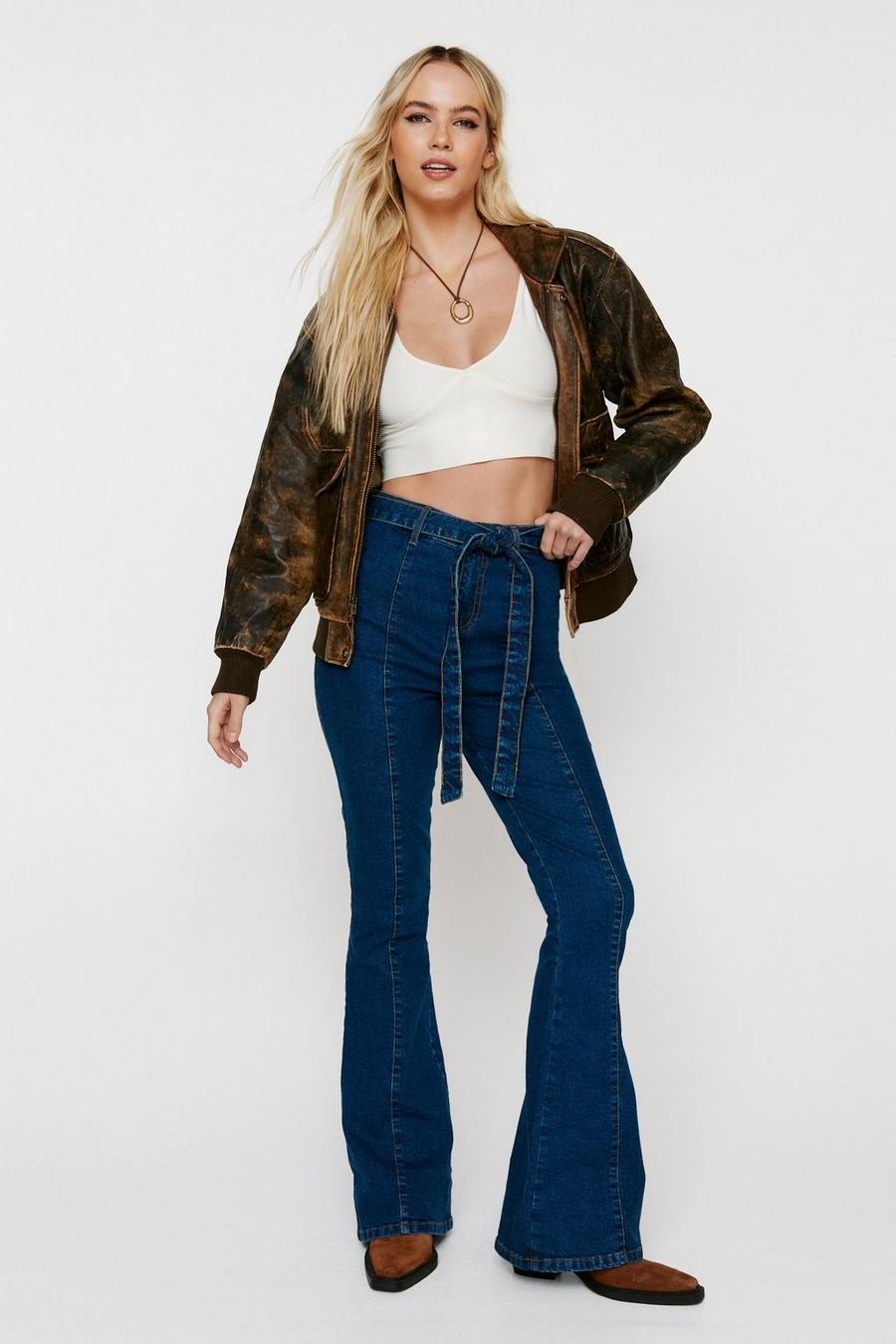 Seam Pintuck Belted Flare Jeans