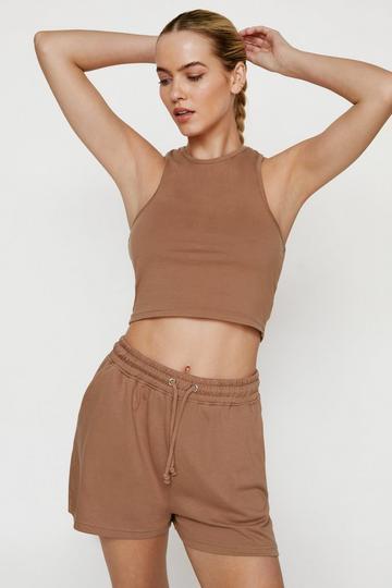 Racer Top And Sweat Shorts Two Piece Set camel