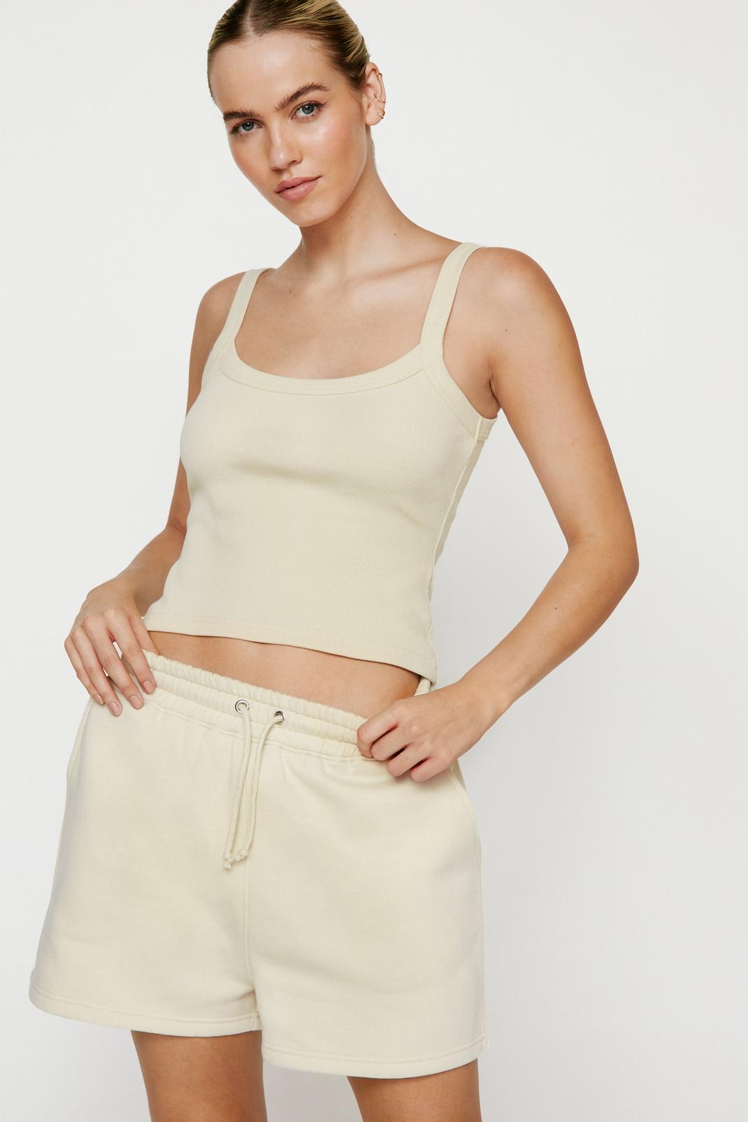 Ecru Ribbed Tank Top And Sweat Shorts Two Piece Set image number 1