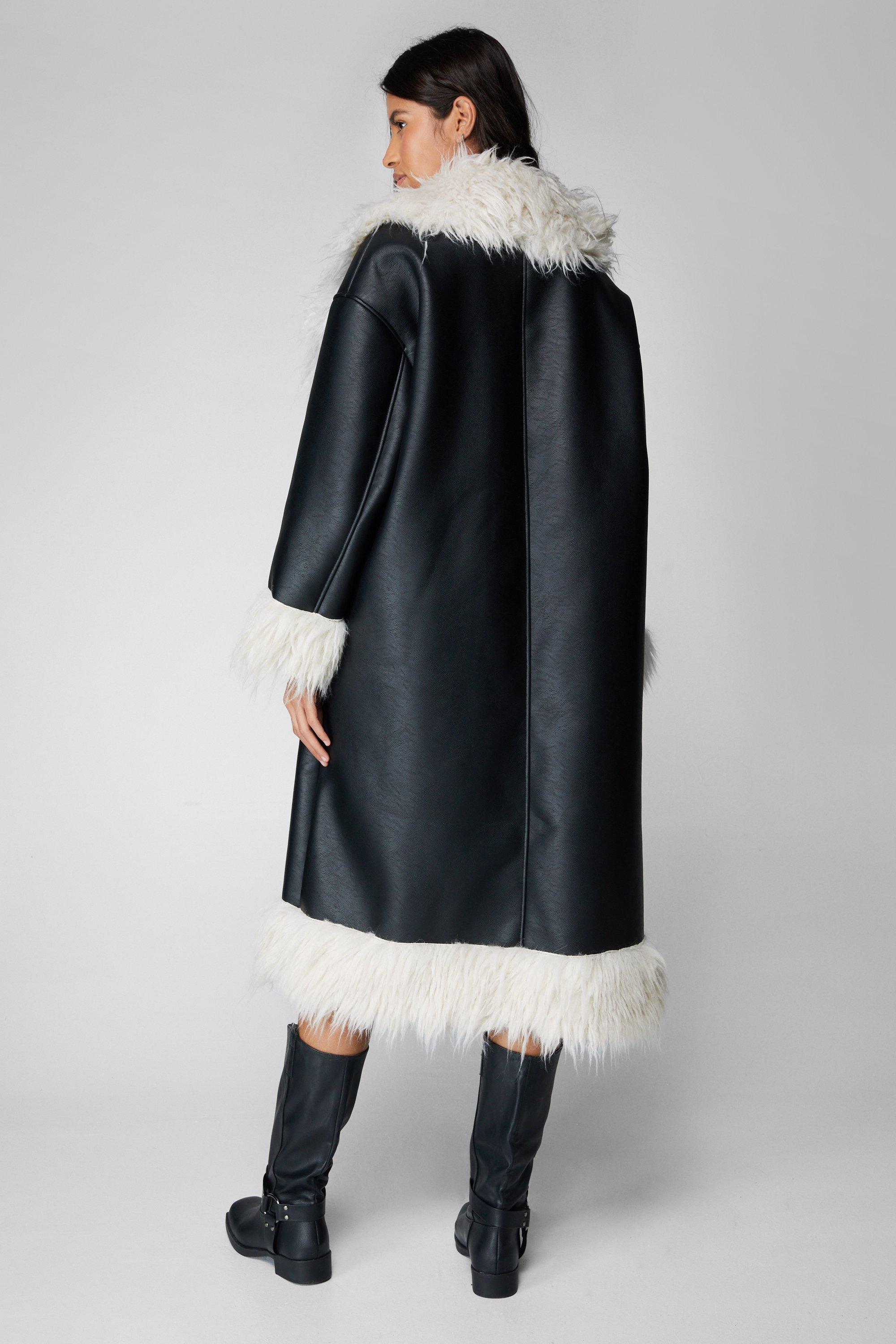 Black Faux Shearling Trim Faux Leather Maxi Coat