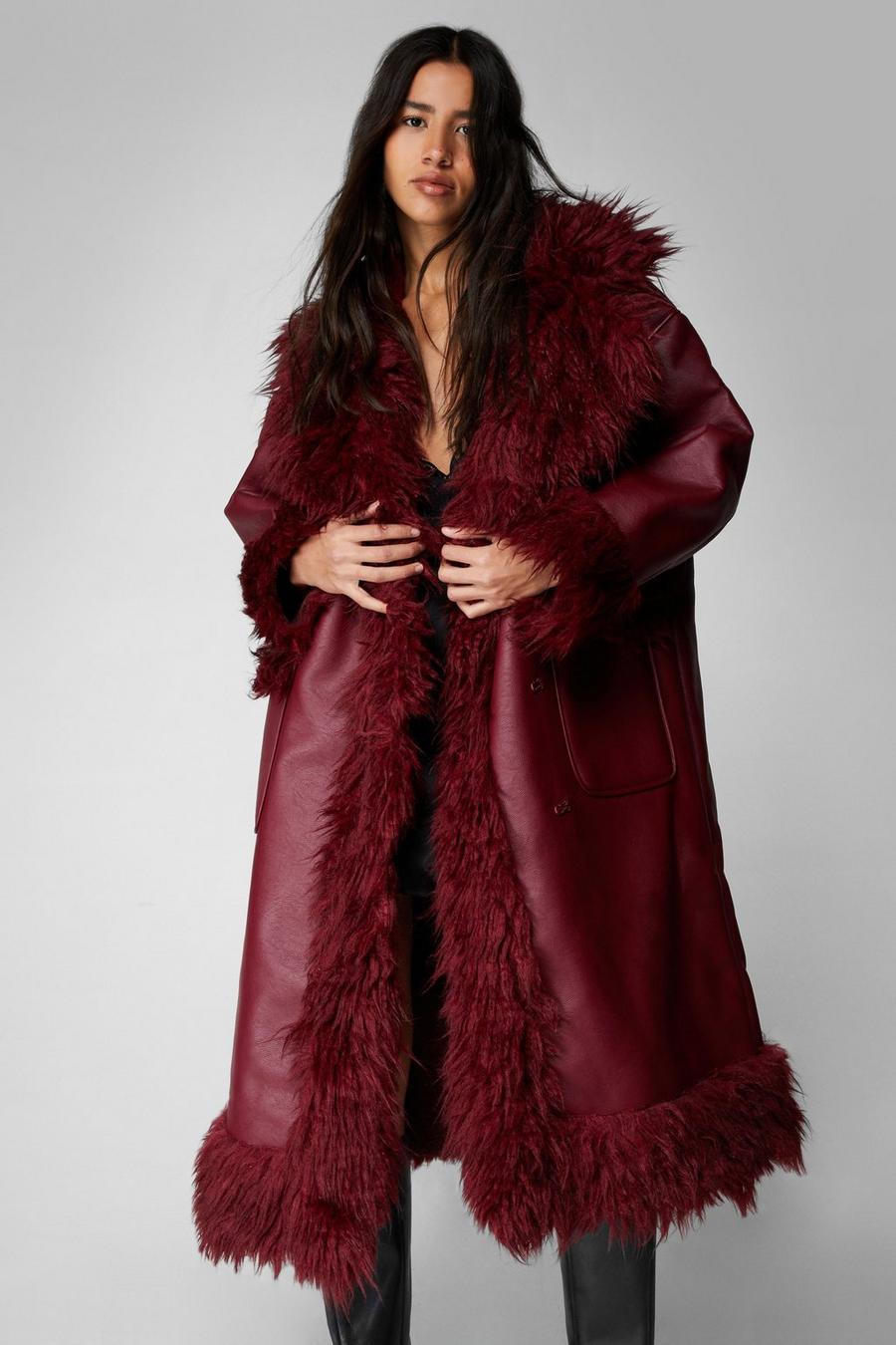 Faux Leather Shearling Fur Trim Longline Afghan Coat