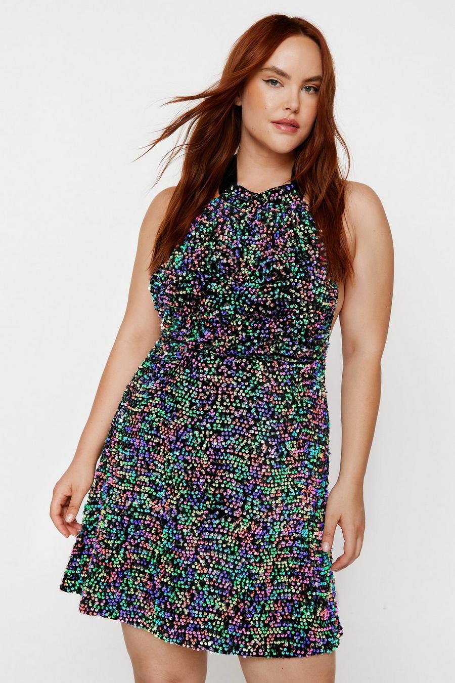Plus Size Neon Sequin Velvet Halter Neck Dress