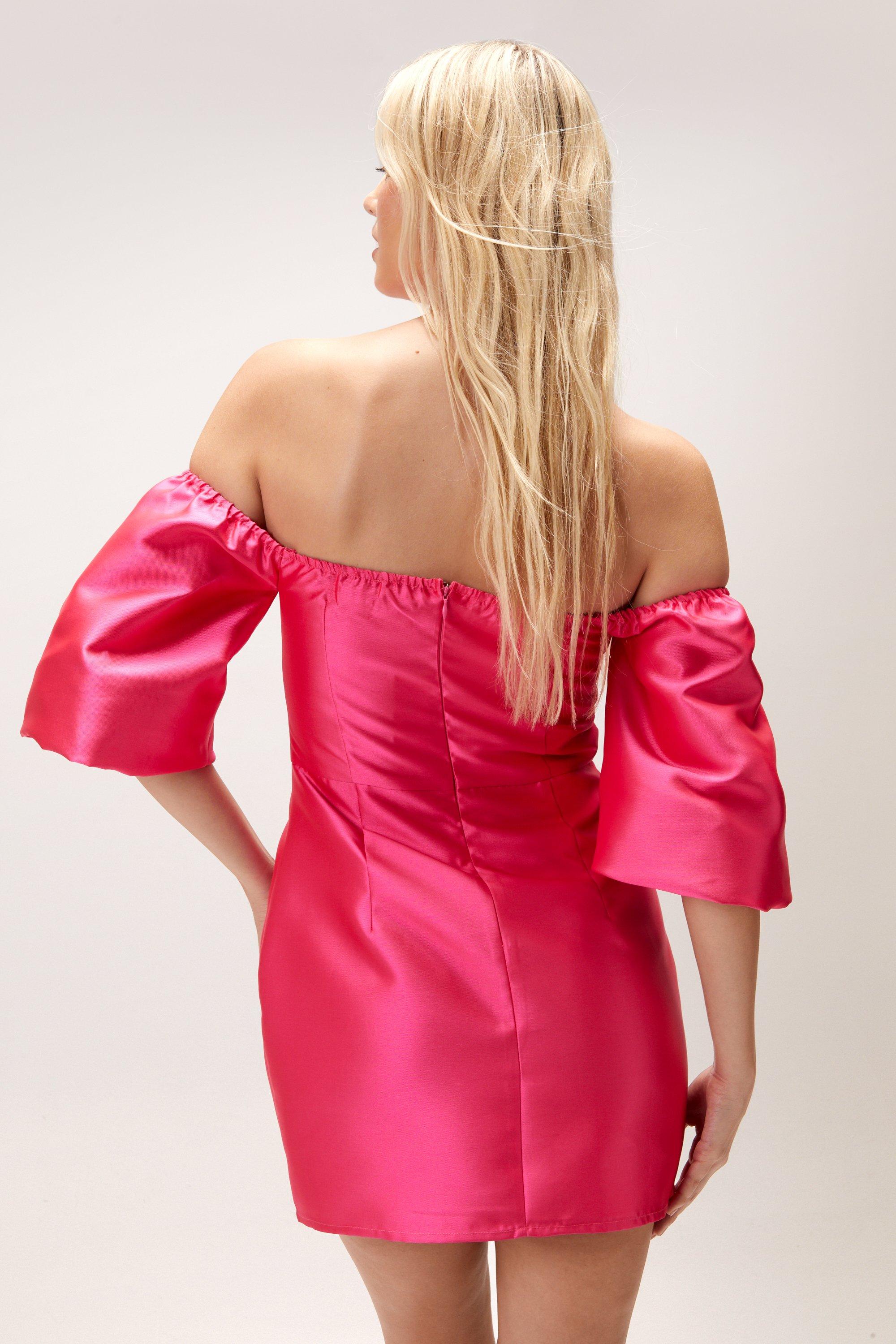 Pleat Detail Bardot Structured Satin Dress