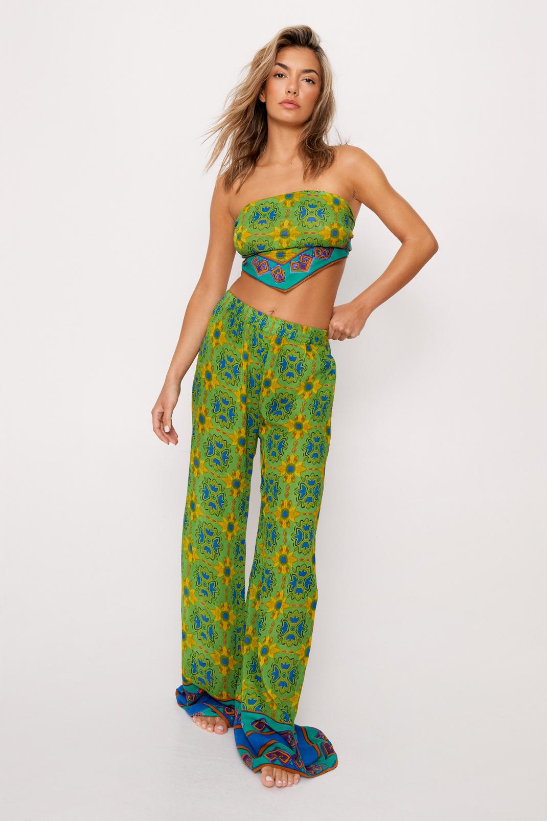 Green Rayon Crepe Scarf Top And Wide Leg Pants Two Piece Set image number 1