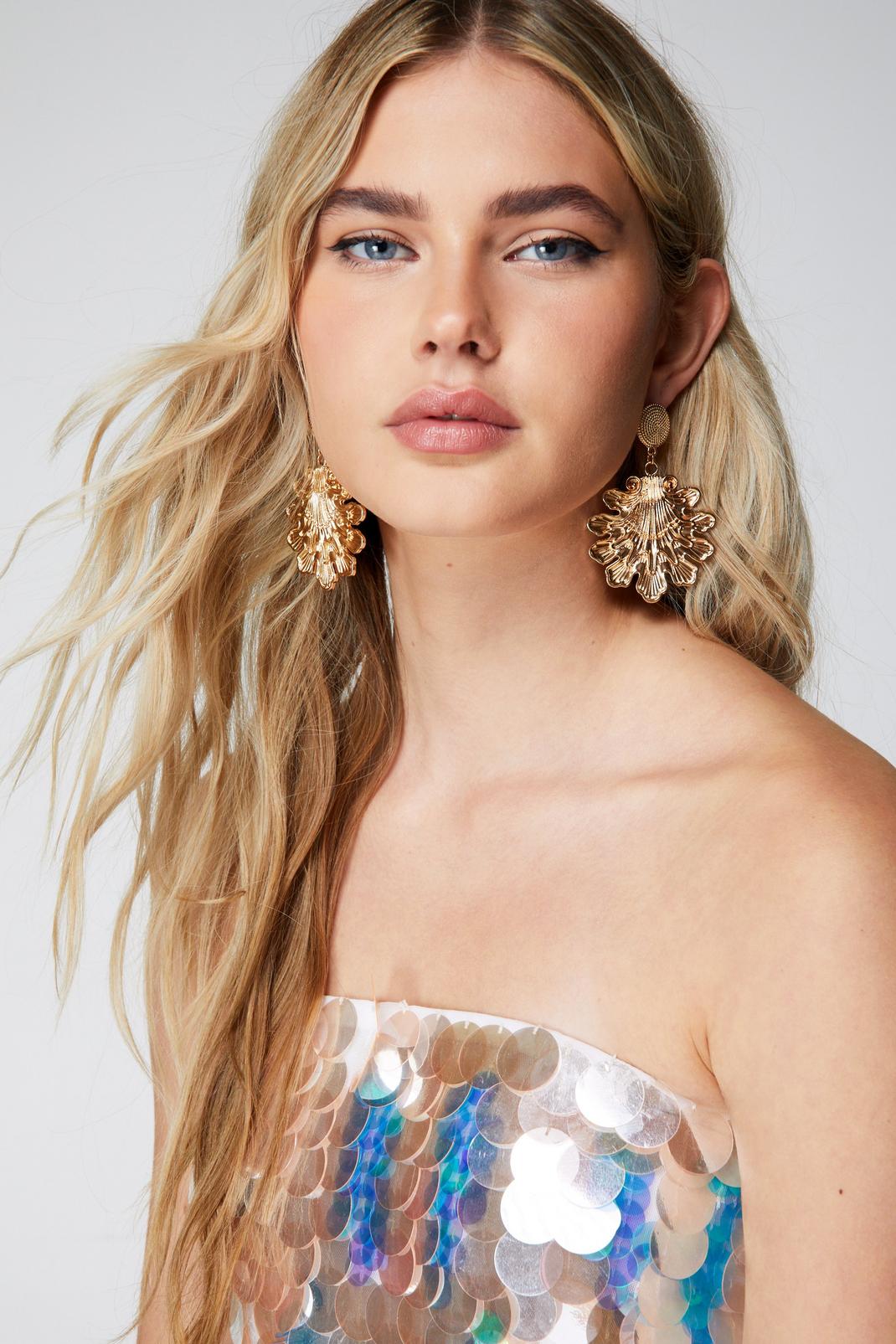 Gold Large Shell Drop Earrings image number 1