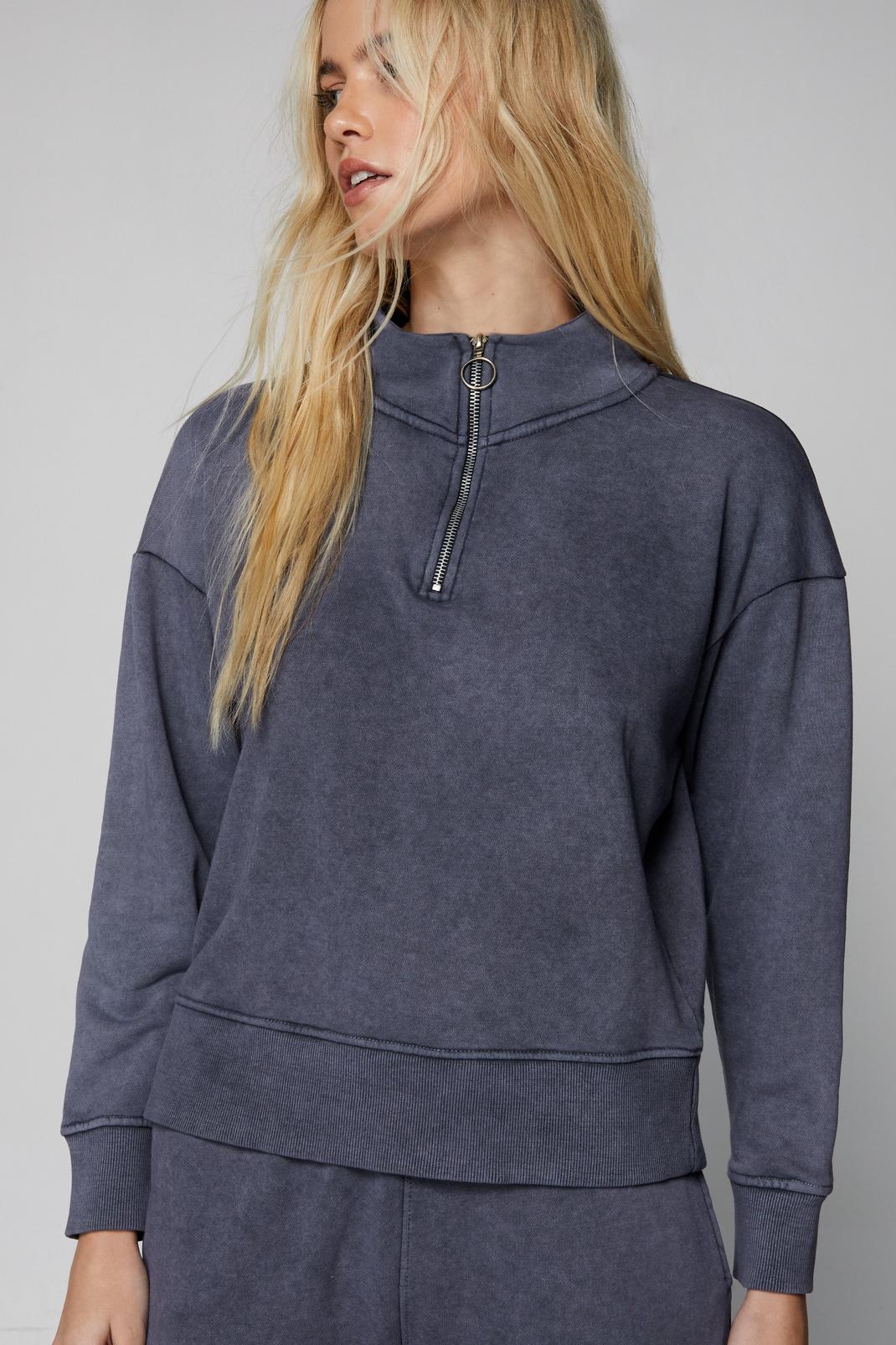 Grey Acid Wash Quarter Zip Oversized Sweatshirt image number 1