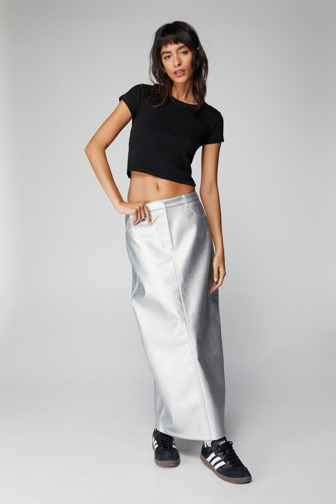 Silver Premium Faux Leather Metallic Maxi Skirt image number 1