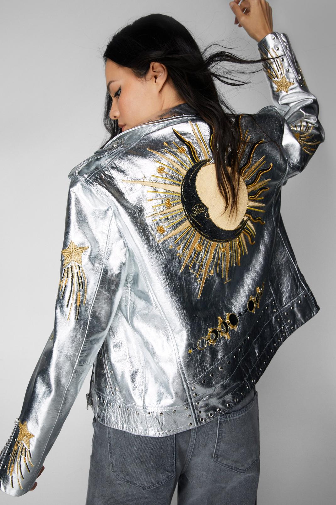 Silver Real Leather Star And Moon Embroidered Jacket image number 1