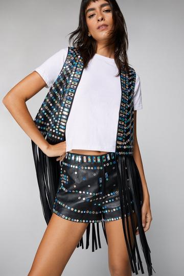 Black Real Leather Mirror Embellished Shorts