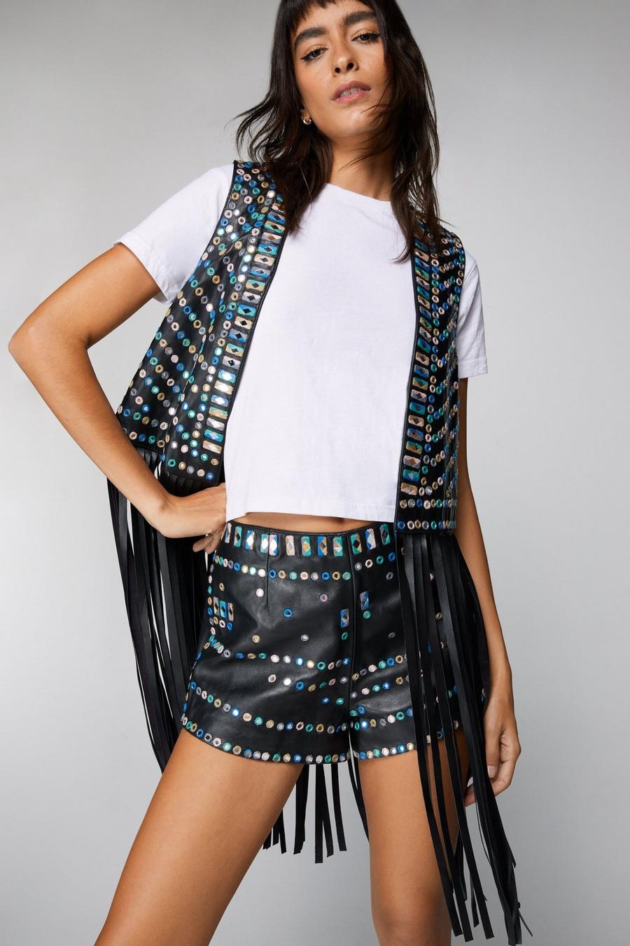 Real Leather Mirror Embellished Shorts