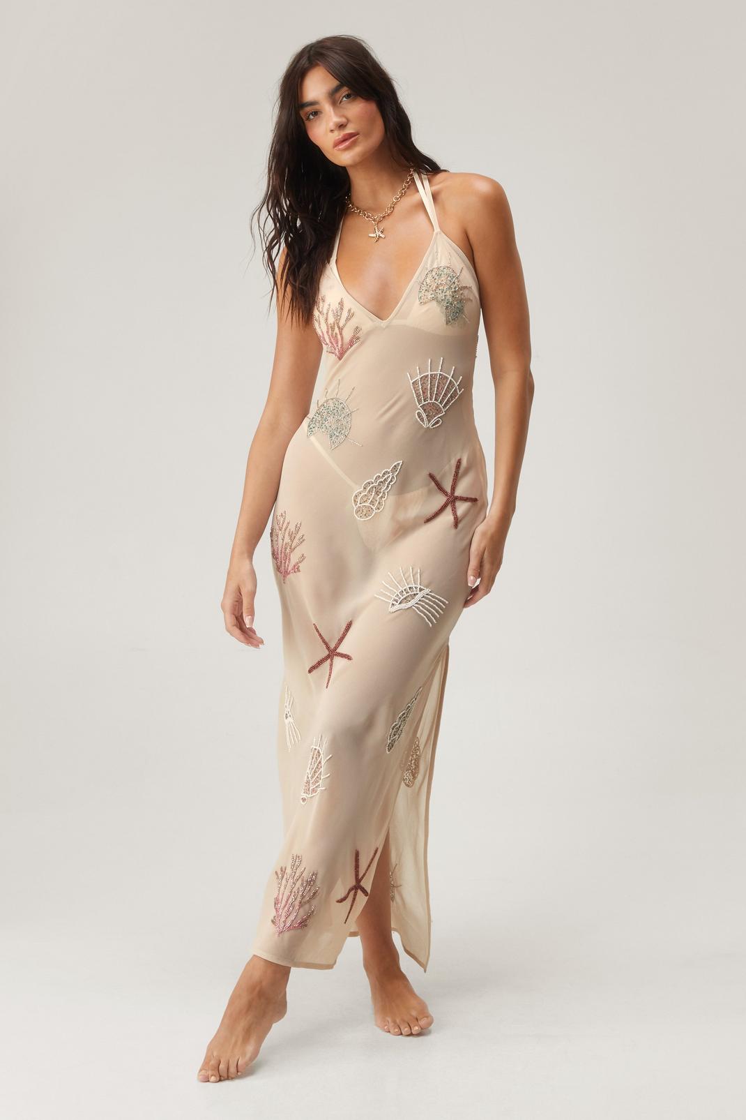 Champagne Premium Embellished Shell Maxi Beach Dress image number 1