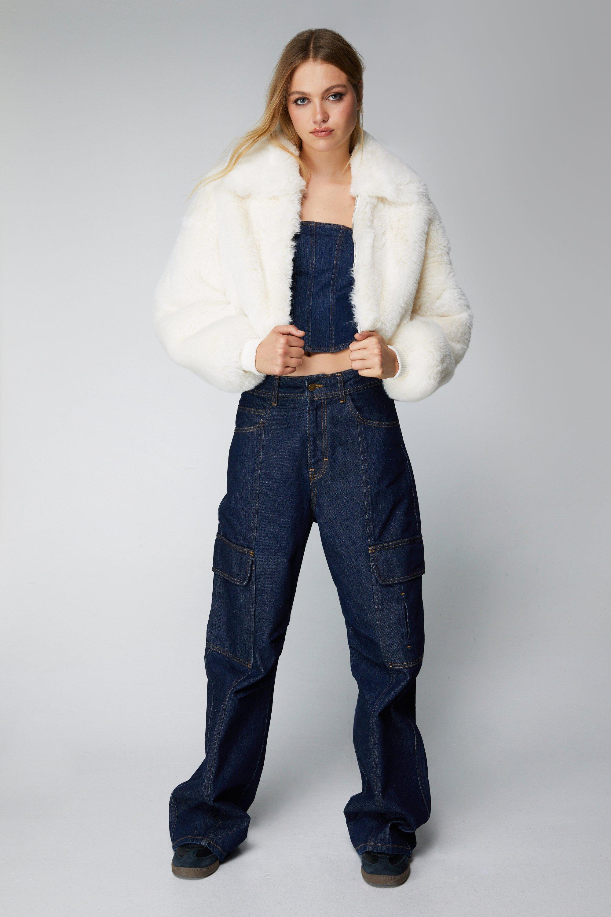 Blue fur hot sale bomber jacket