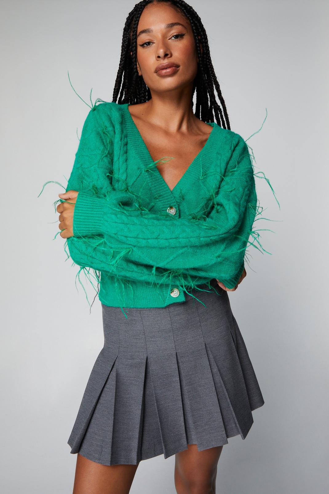 Green Feather Trim Cardigan image number 1
