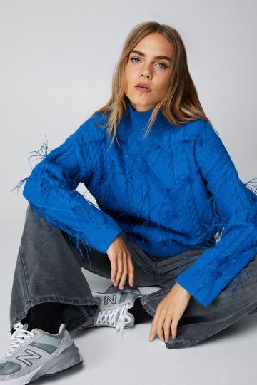 Feather Trim Funnel Neck Sweater blue