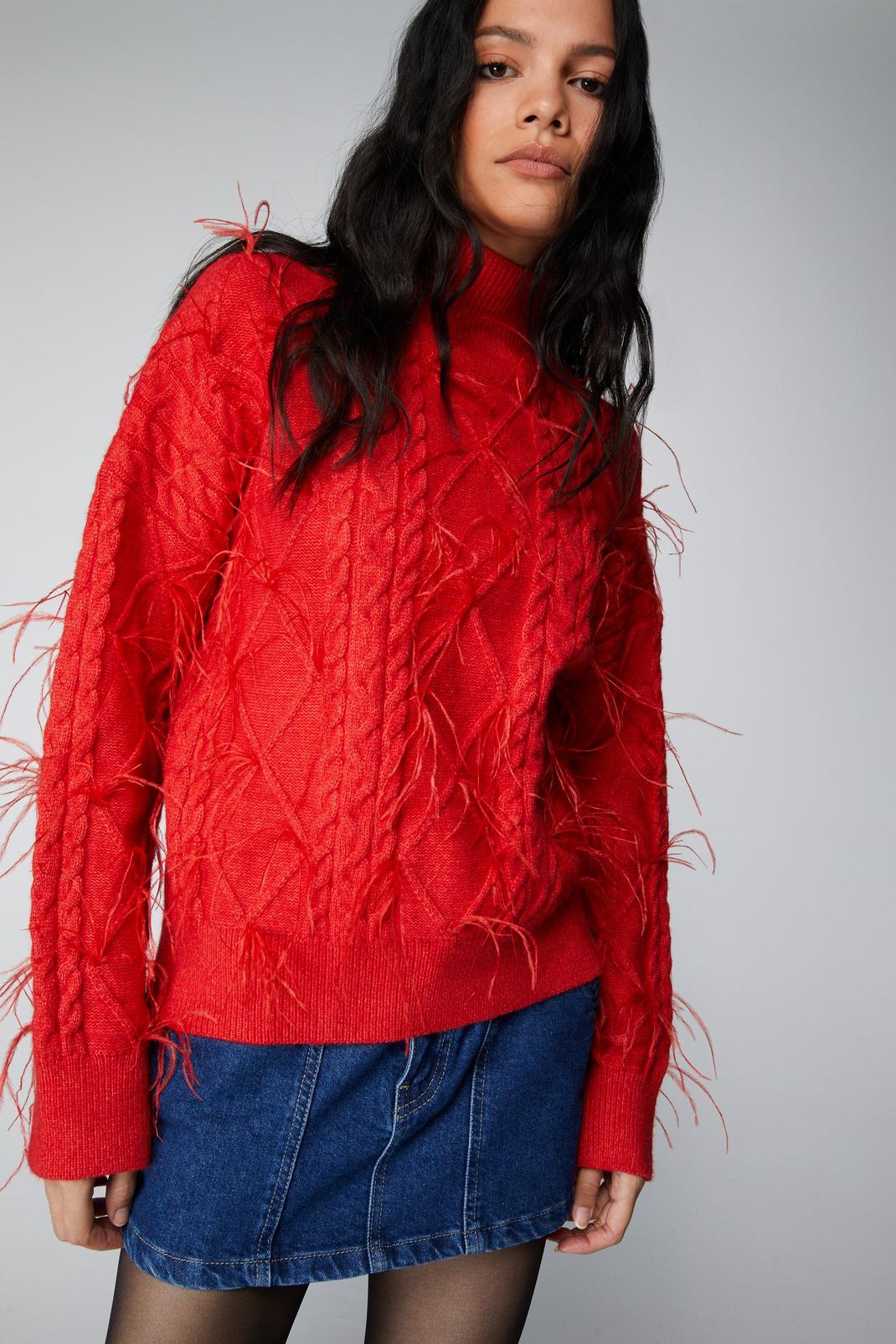 Red Feather Trim Funnel Neck Sweater image number 1