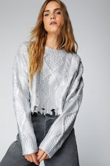 Silver Metallic Cable Cropped Sweater