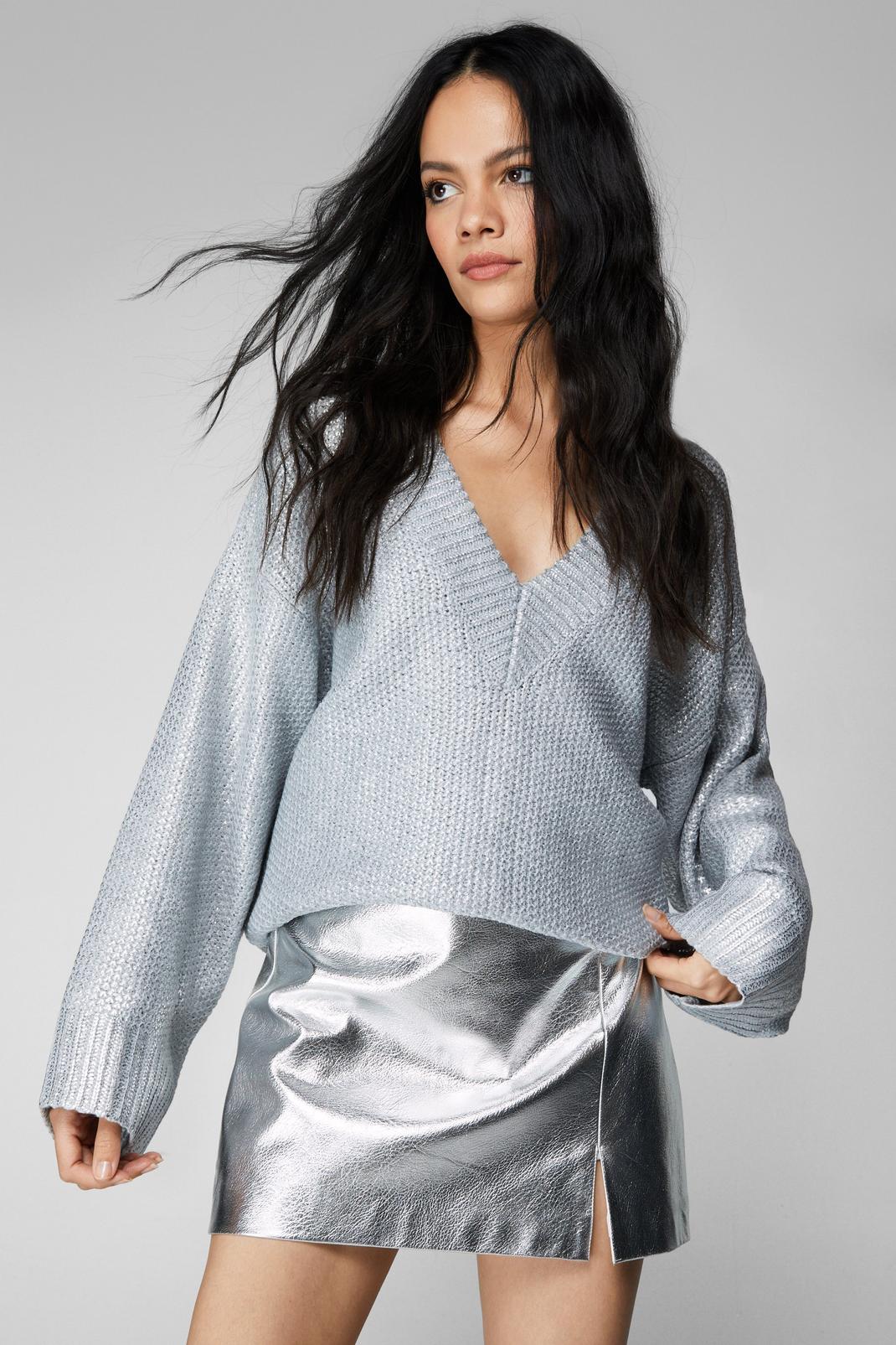 Silver Metallic Oversized Chunky Knit Sweater image number 1