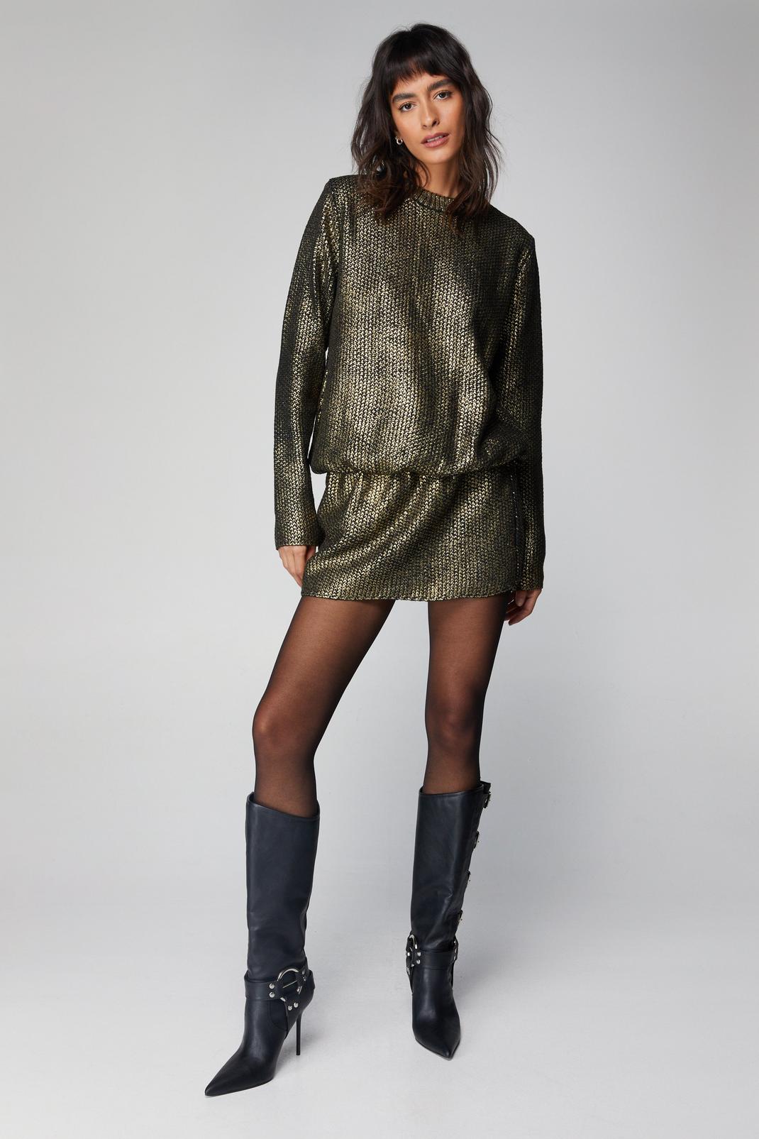 Gold Metallic Oversized Cinched In Knitted Dress image number 1