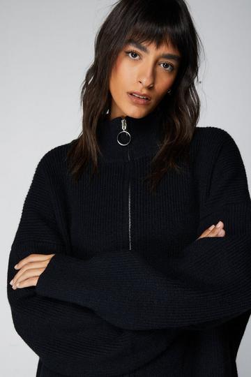 Black Premium Zip Up Oversized Funnel Neck Sweater