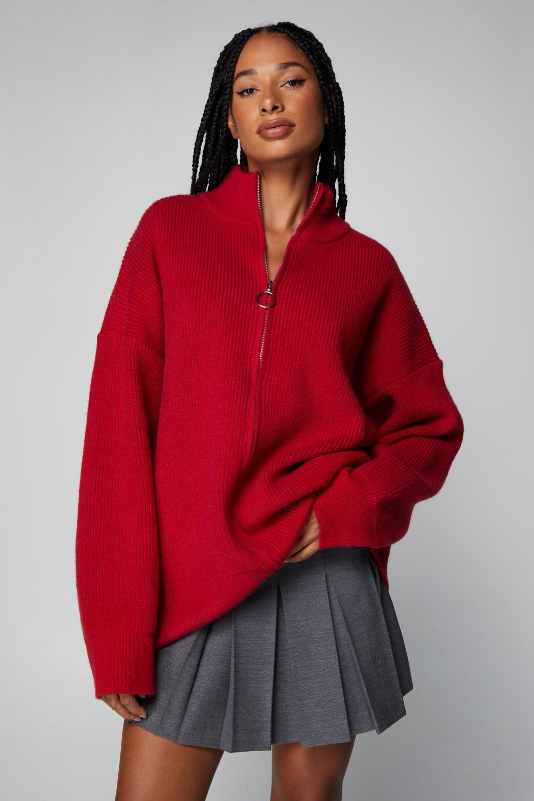 Red Premium Zip Up Oversized Funnel Neck Sweater image number 1