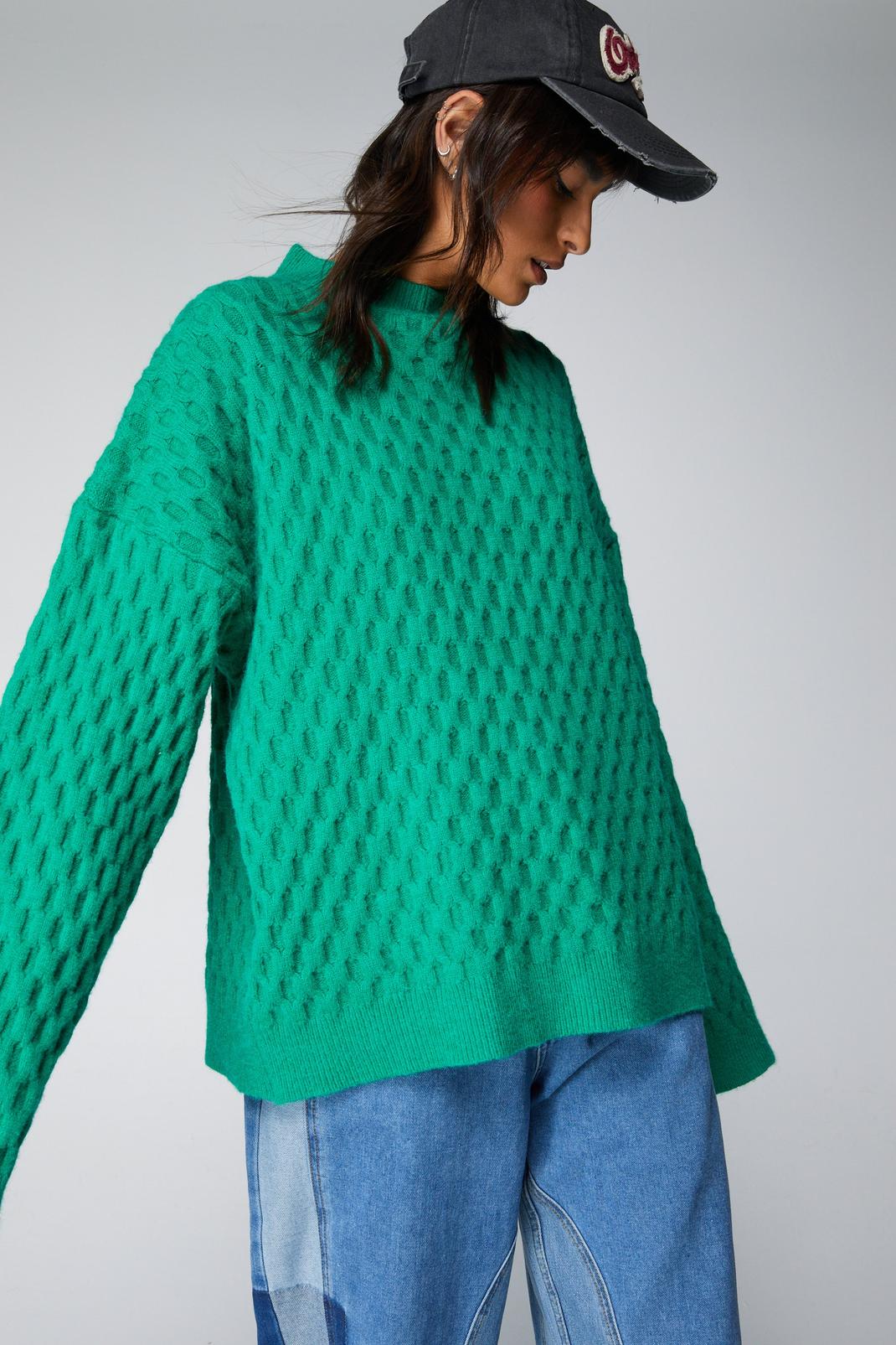 Green Premium Waffle Knit Relaxed Sweater image number 1