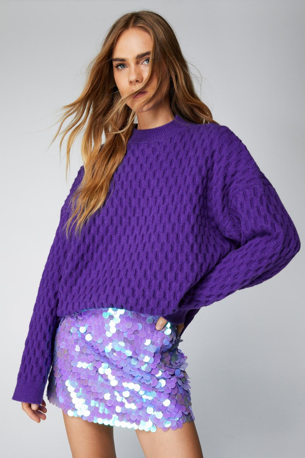 Purple Premium Waffle Knit Relaxed Jumper image number 1
