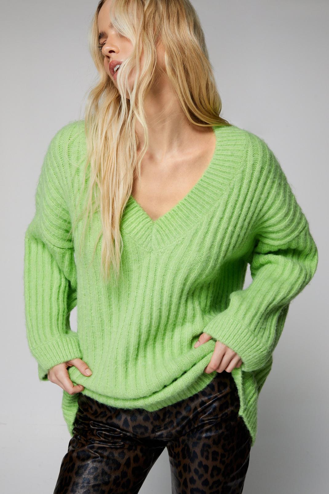 Lime Slouchy V Neck Oversized Sweater image number 1