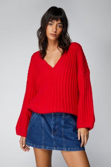 Slouchy V Neck Oversized Sweater red