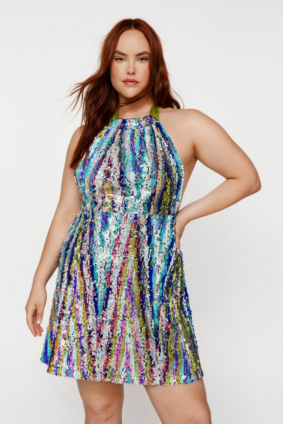 Plus Size Stripe Sequin Halter Neck Mini Dress