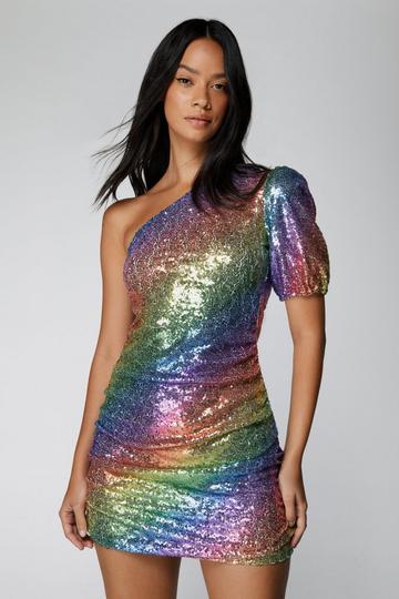 One Shoulder Rainbow Glitter Mini Dress multi