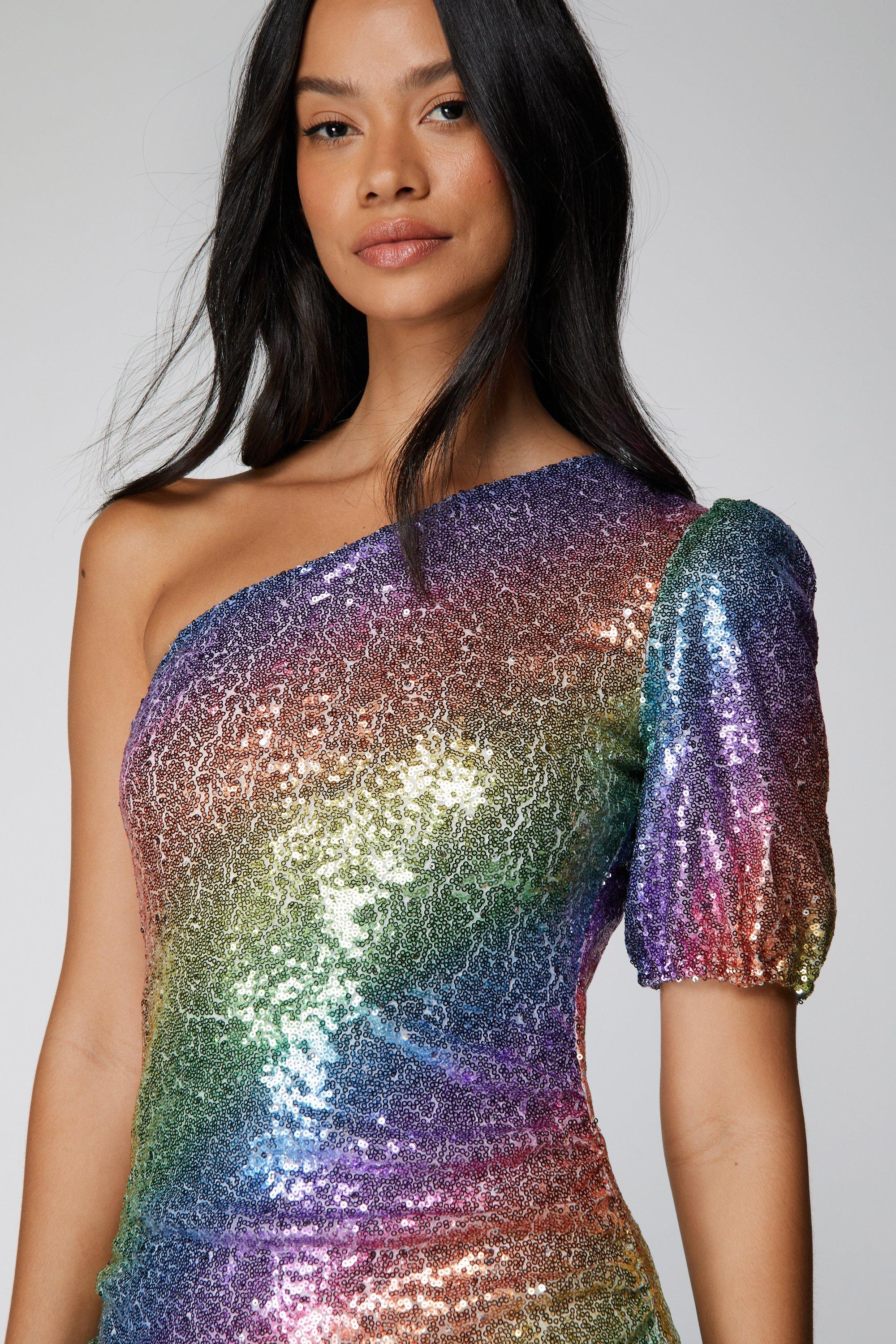 One Shoulder Rainbow Glitter Mini Dress Nasty Gal