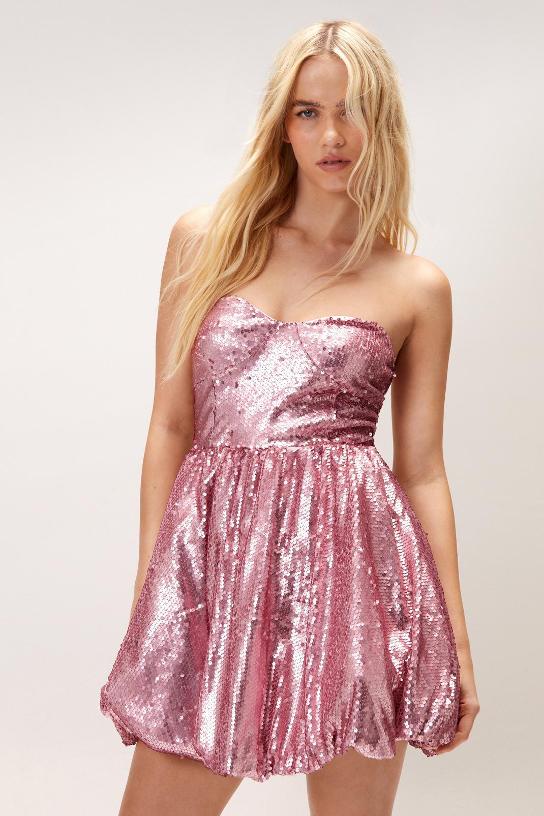 Rose pink Sequin Puff Ball Mini Dress image number 1