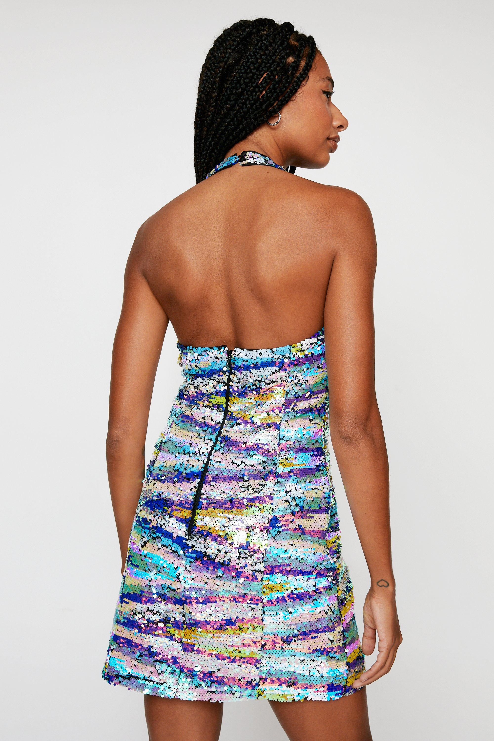 Premium Marble Sequin Plunge Halter Mini Dress