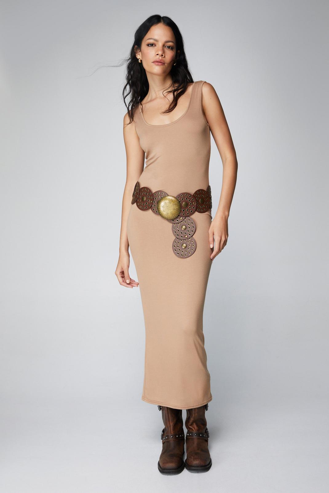 Camel Jersey Scoop Neck Bodycon Maxi Dress image number 1