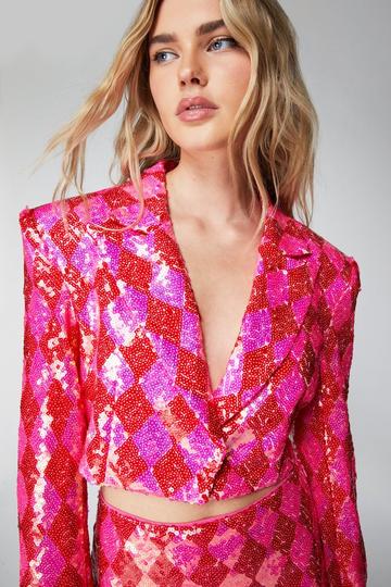 Harlequin Diamond Sequin Cropped Blazer pink