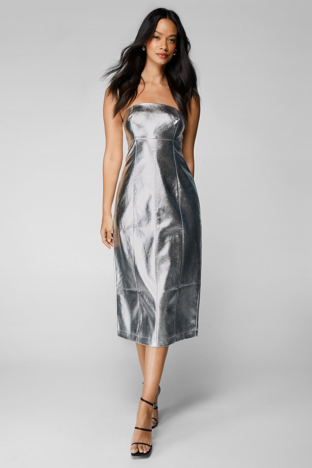 Silver Metallic Strapless Relaxed Midi Dress image number 1