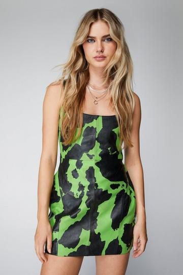 Real Leather Cow Print Mini Dress lime