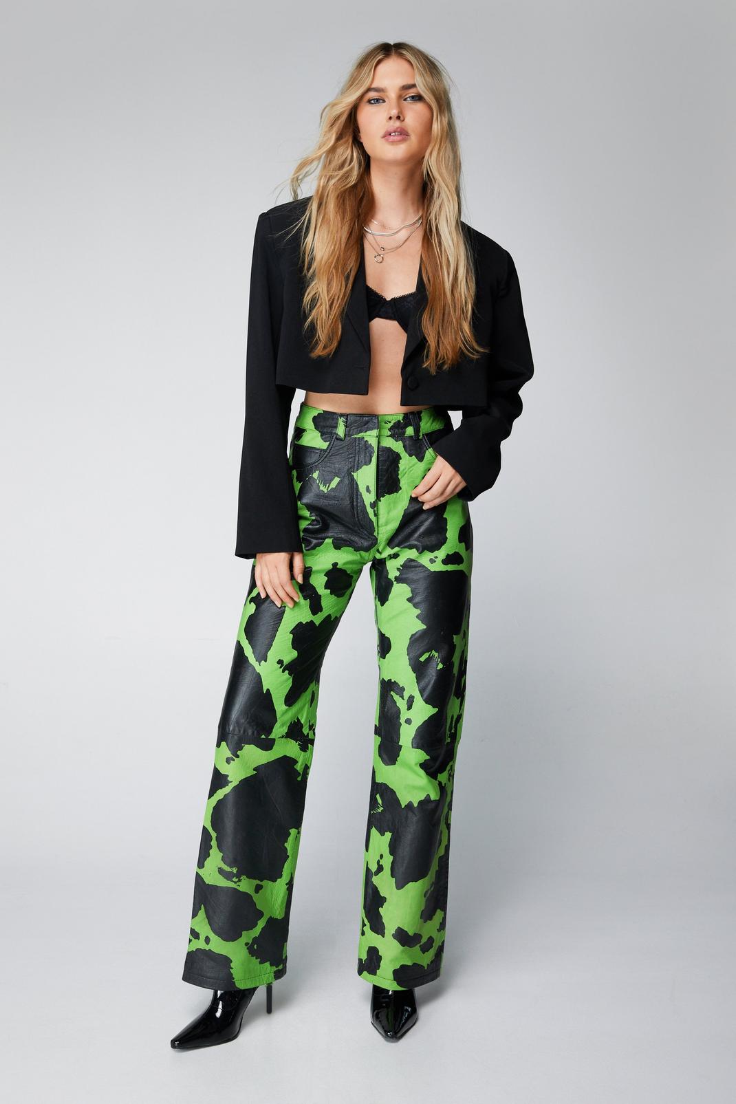 Lime Premium Real Leather Cow Print Pants image number 1