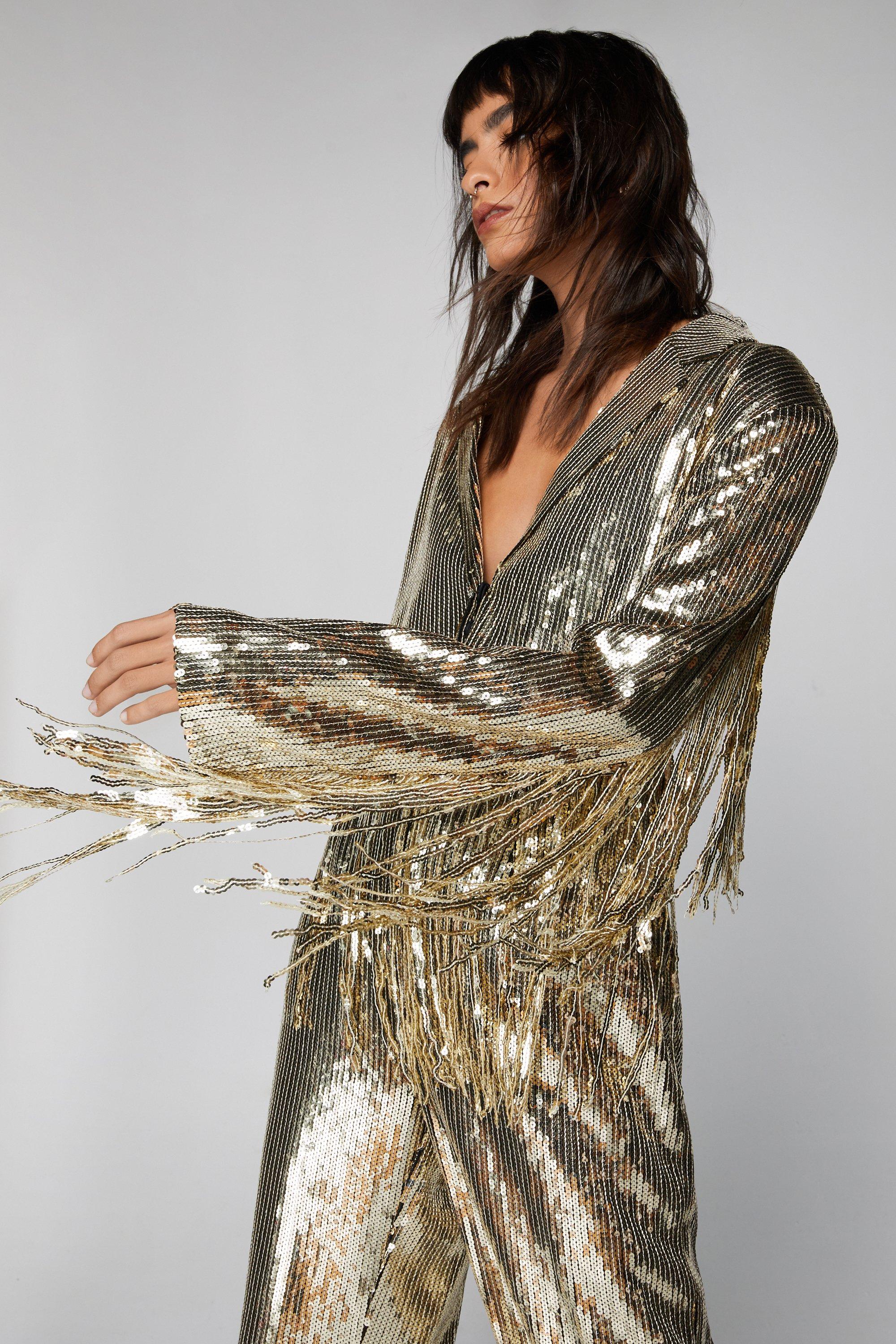 Sequin and store fringe jumpsuit