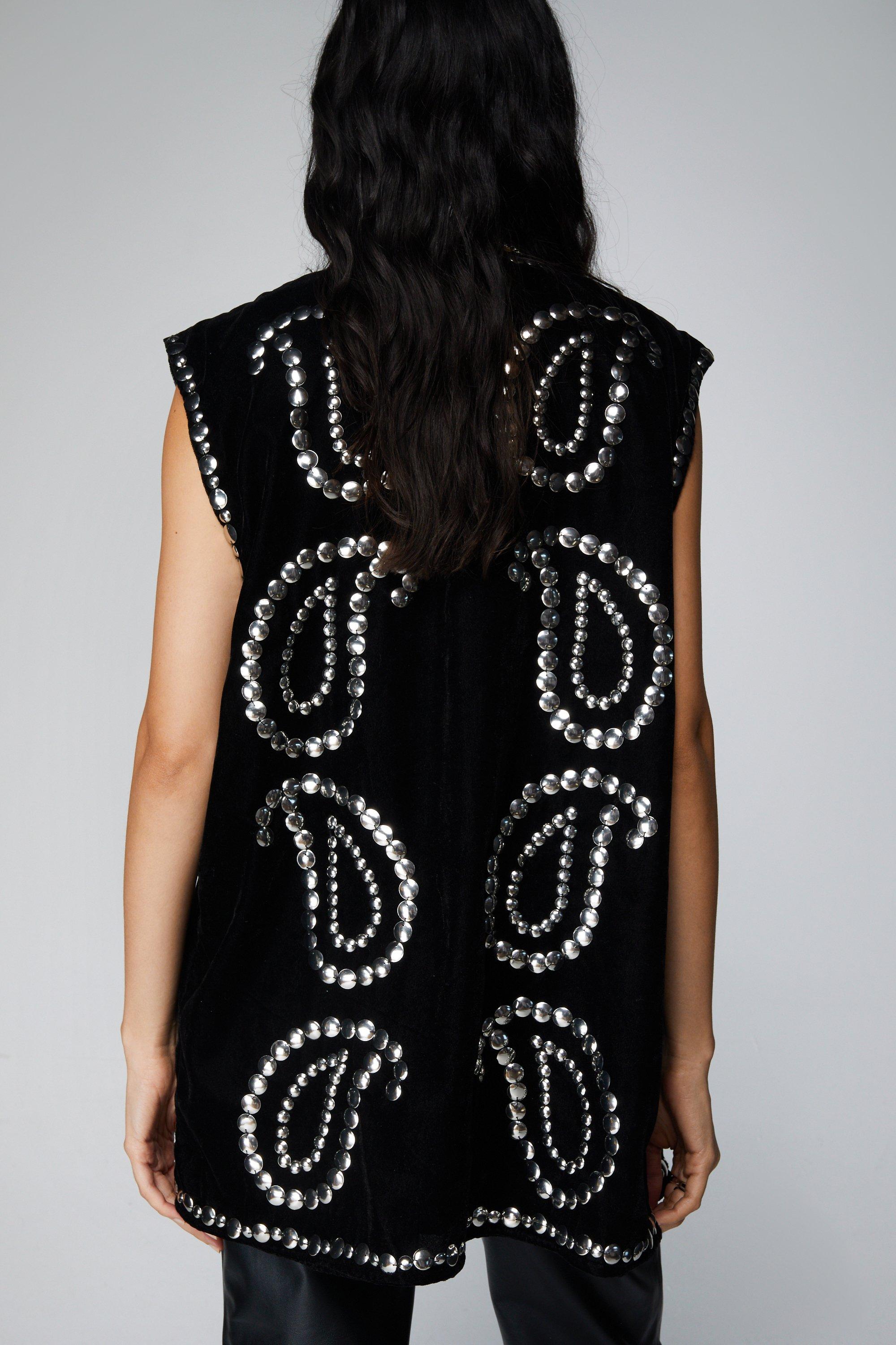 Stud Paisley Velvet Sleeveless Longline Sleeveless Jacket