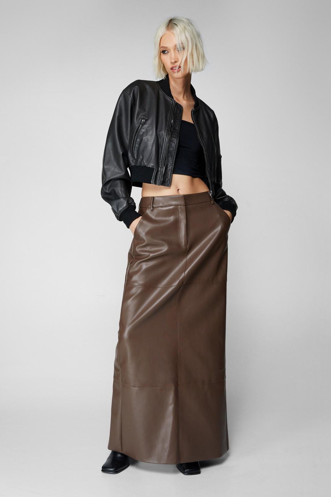 Brown Faux Leather Bonded Tailored Maxi Skirt image number 1