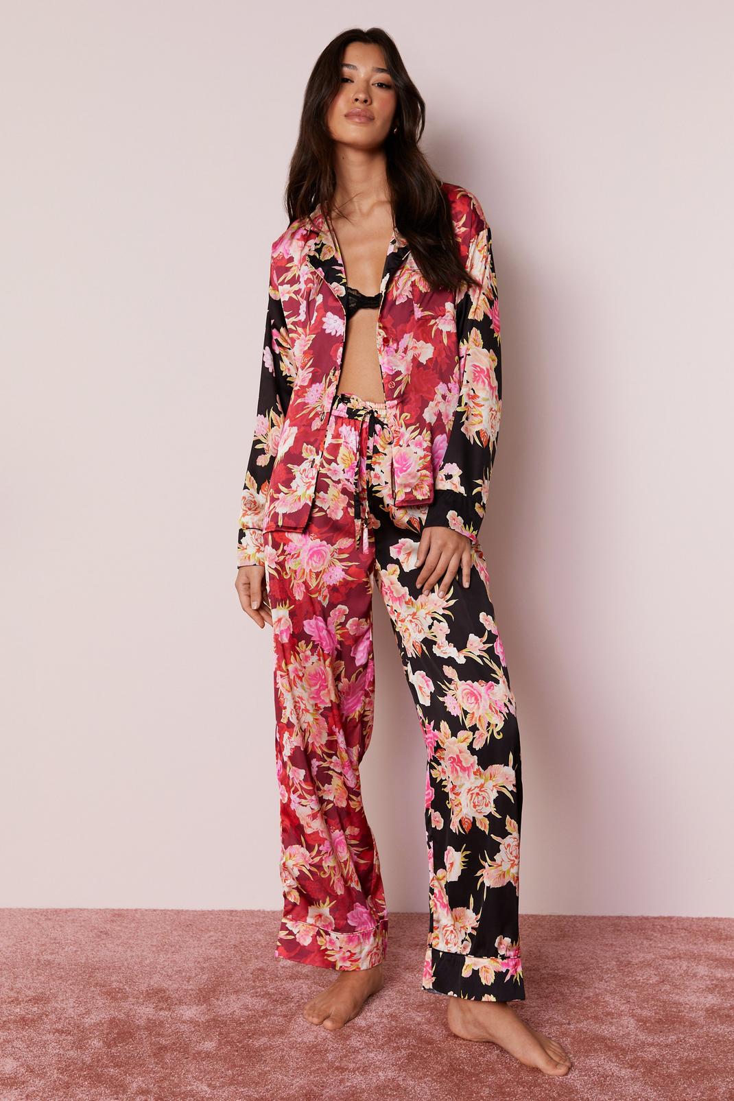 Black Satin Floral Colour Block Pyjama Trousers Set image number 1