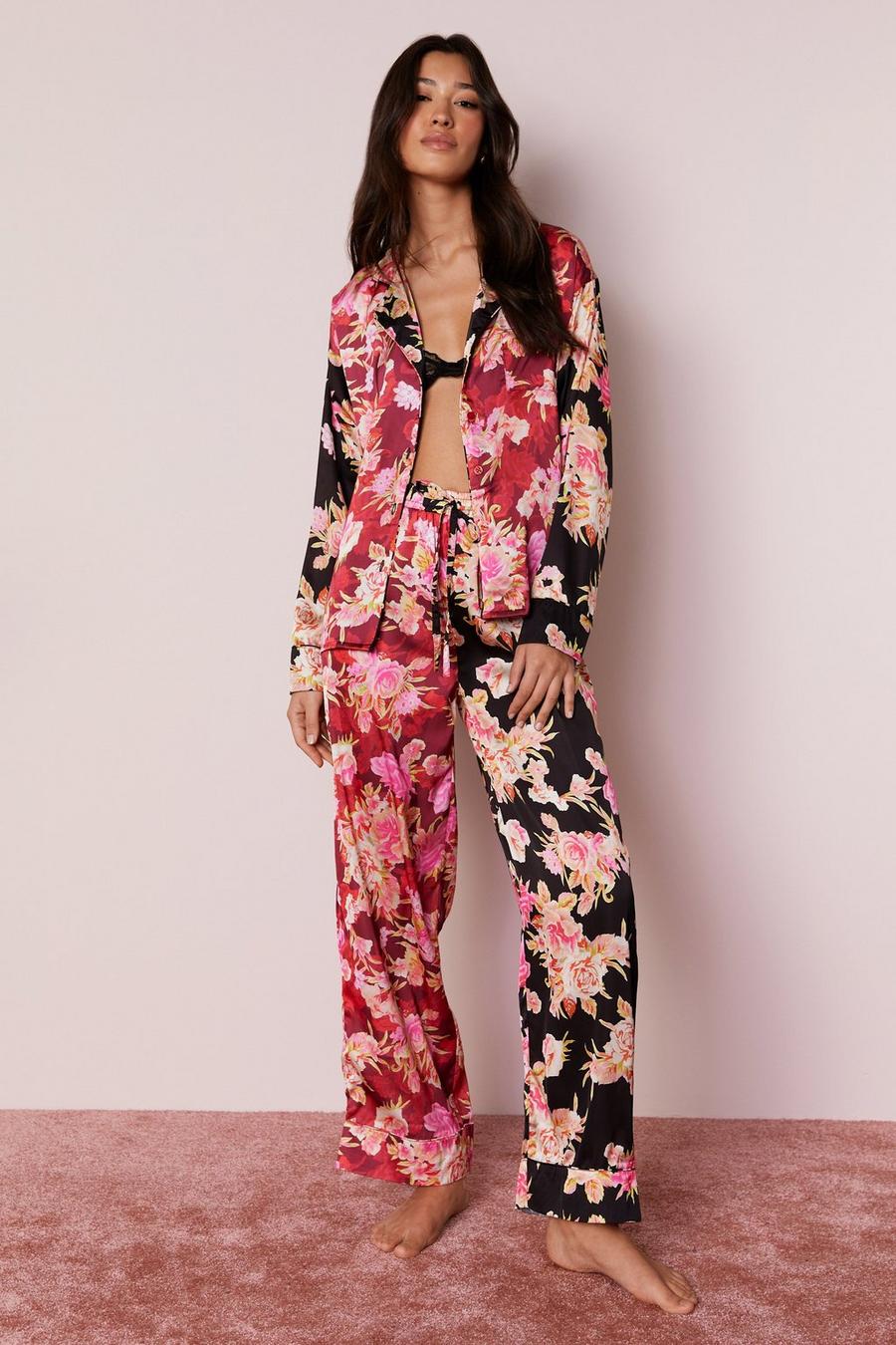 Satin Floral Color Block Pajama Pants Set