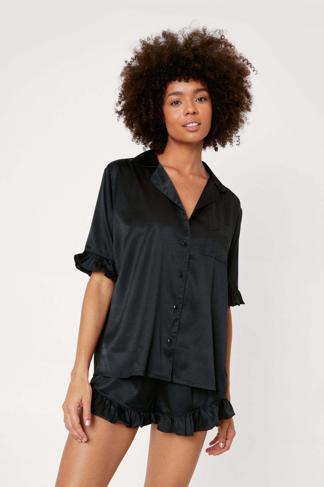 Black Satin Ruffle Pajama Shirt and Shorts Set image number 1