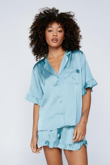 Blue Satin Ruffle Pajama Shirt And Shorts Set