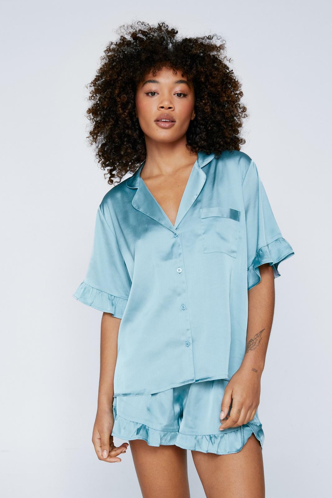 Blue Satin Ruffle Pajama Shirt And Shorts Set image number 1