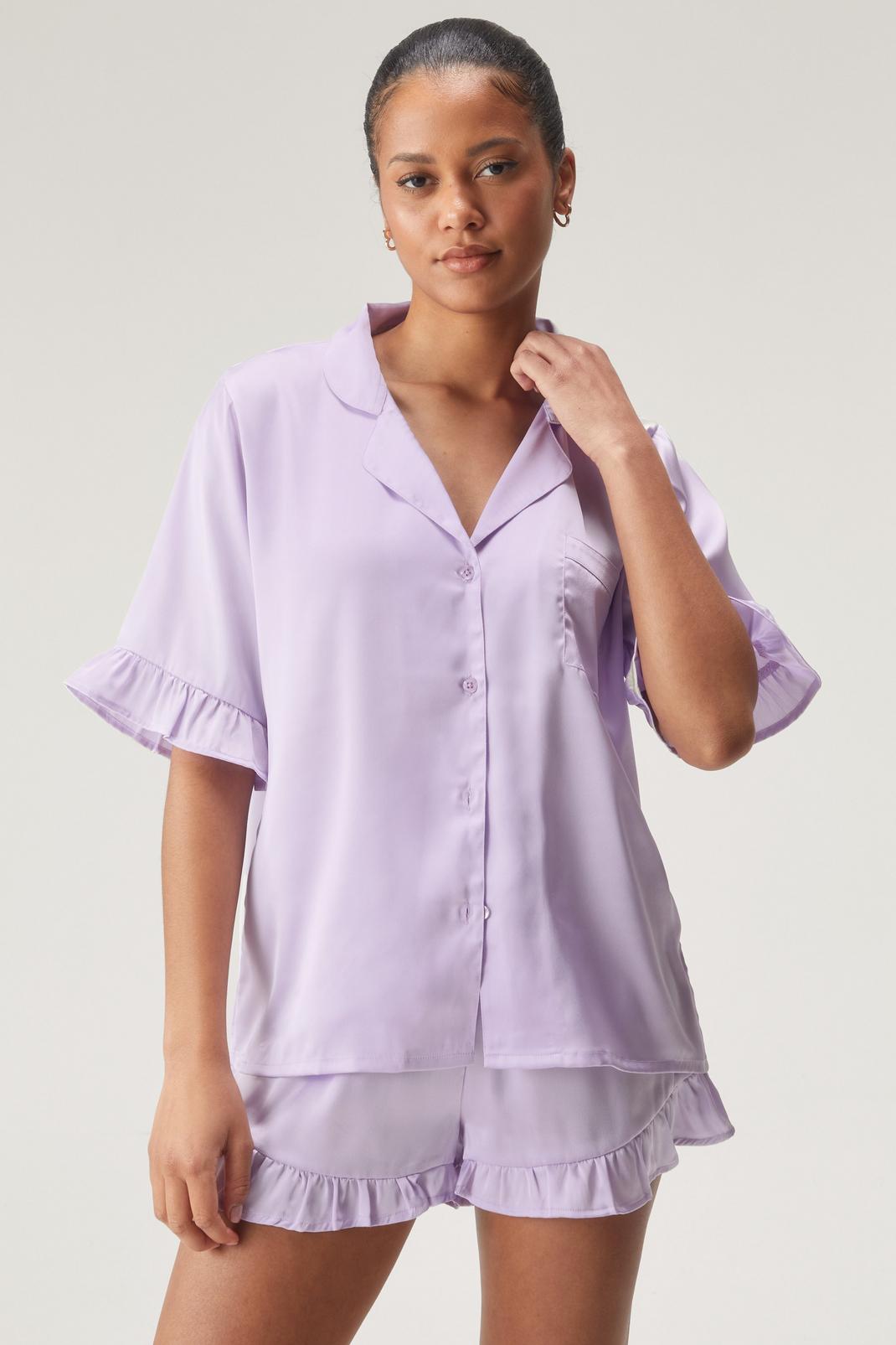 Satin Ruffle Pajama Shirt And Shorts Set, Lilac image number 1