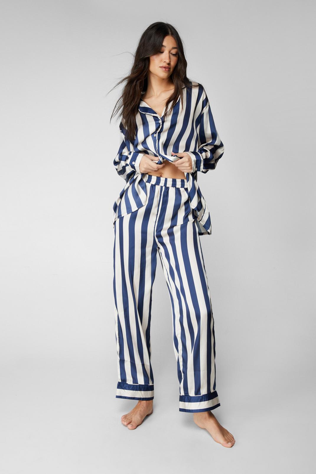 Pajama Shirt and Pants - Dark blue/white striped - Ladies