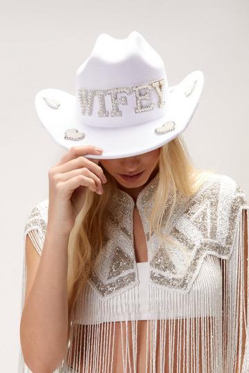 White Wifey Pearl Trim Cowboy Hat
