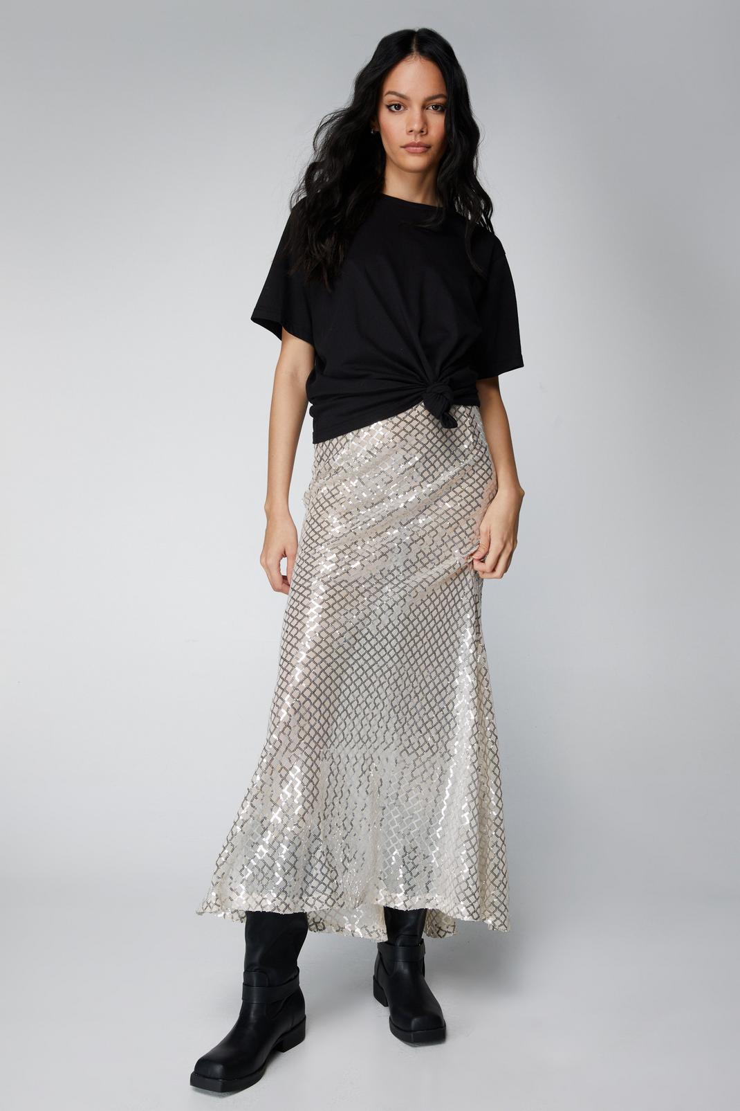 Silver Sequin Fishtail Maxi Skirt image number 1